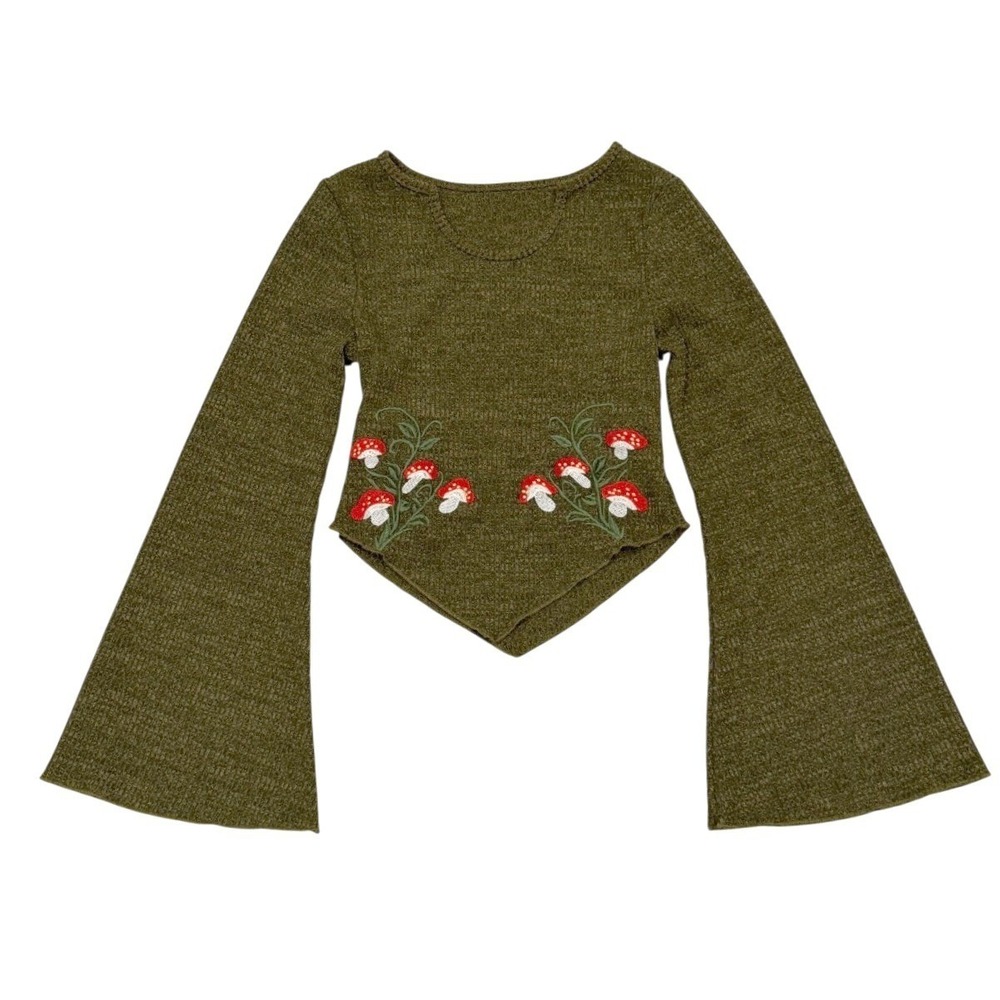 Fairycore Mushroom Olive Green Embroidered Bell Sleeve Crop Sweater Top XS/S